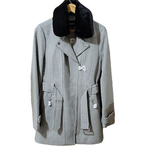 Express Women Moto Jacket Faux Fur Collar Belted Wool Blend Grey Size M